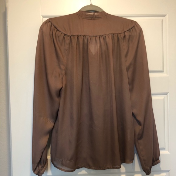 LOFT tan blouse with ruffle tie neck! (L) - Picture 2 of 5